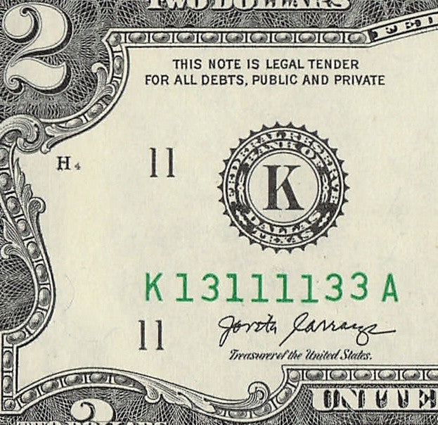 Binary Two Dollar Bill Fancy Serial Number 2017A $2 Dallas Binary 3s 1s