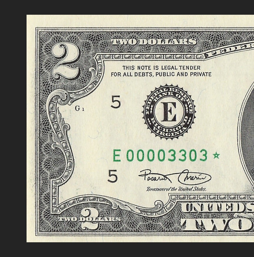 Binary Low Serial Number Star Note Two Dollar Bill E00003303* 3s 0s Richmond