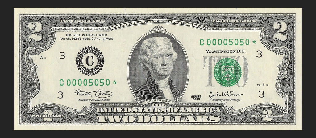Binary Low Serial Number Star Note Two Dollar Bill C00005050* 5s 0s Philadelphia