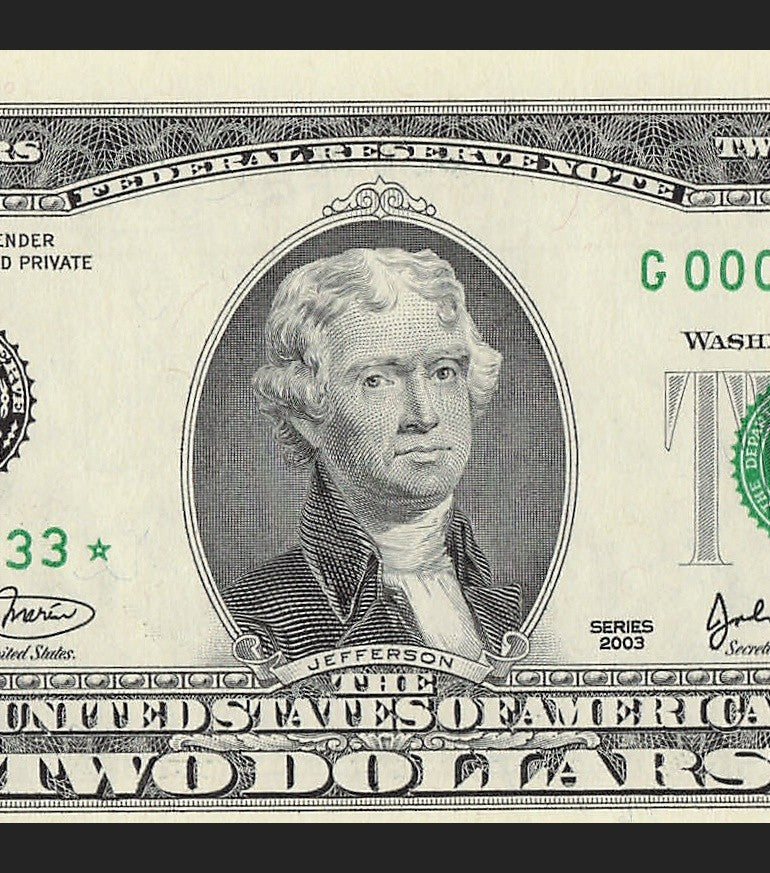 Binary Low Serial Number Star Note Two Dollar Bill G00003033* 3s 0s Chicago