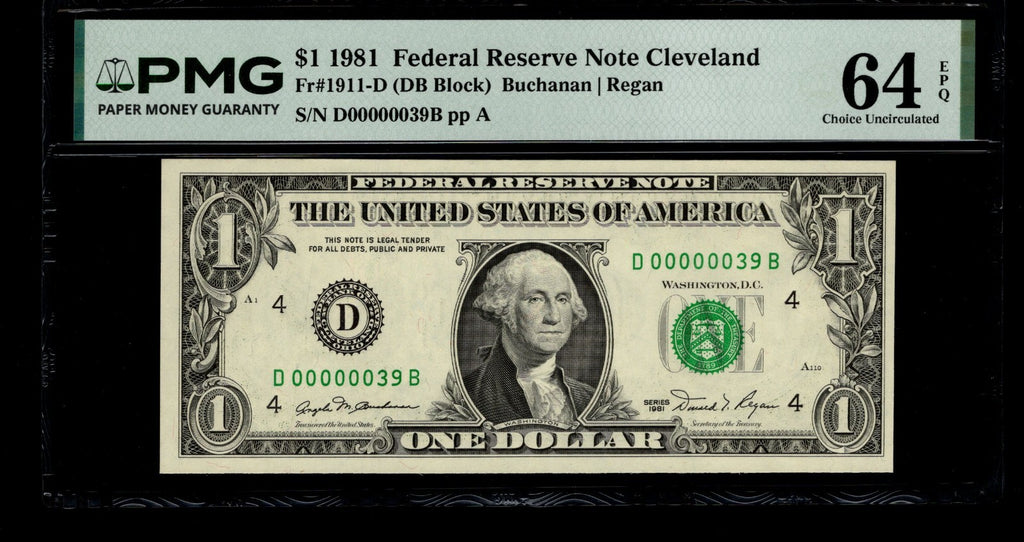 Low Serial Number 39 Fancy Serial Number One Dollar Bill PMG D00000039B