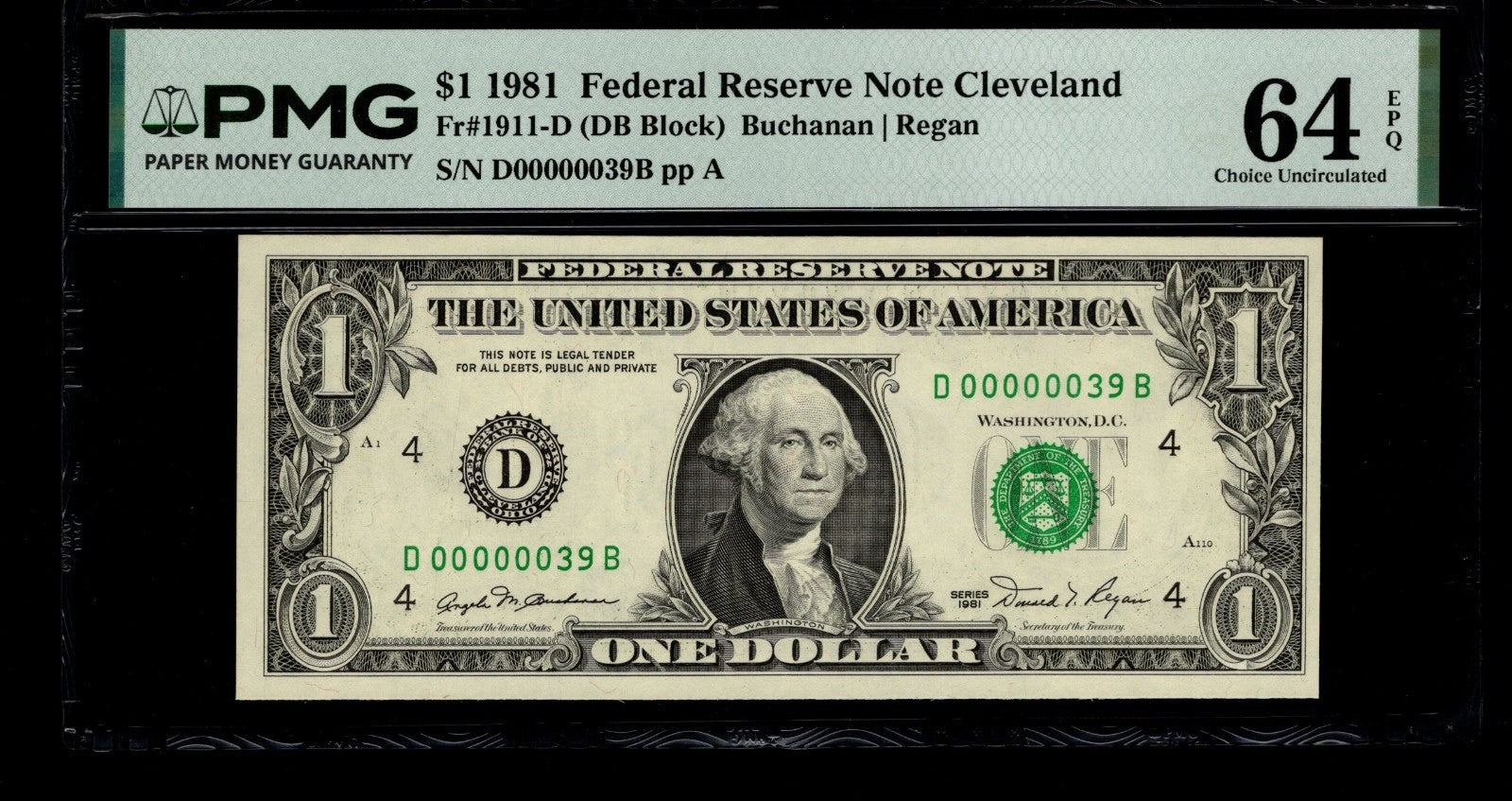 Low Serial Number 39 Fancy Serial Number One Dollar Bill PMG D00000039B