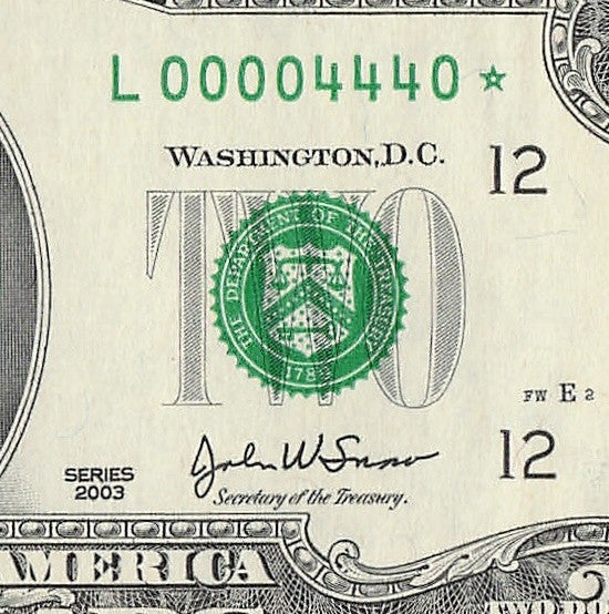 Binary Low Serial Number Star Note Two Dollar Bill L00004440* 4s 0s 444