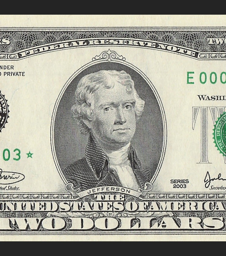 Binary Low Serial Number Star Note Two Dollar Bill E00003303* 3s 0s Richmond
