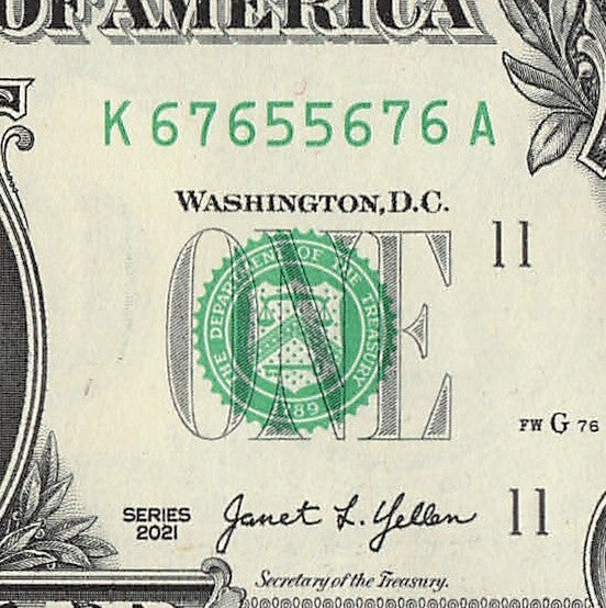 Radar Fancy Serial Number One Dollar Bill 2021 $1 KC Palindrome 5s 6s 7s