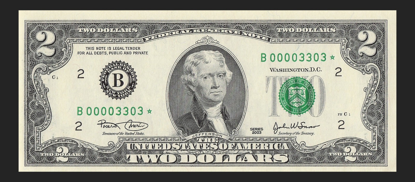 Binary Low Serial Number Star Note Two Dollar Bill B00003303* 0s 3s New York