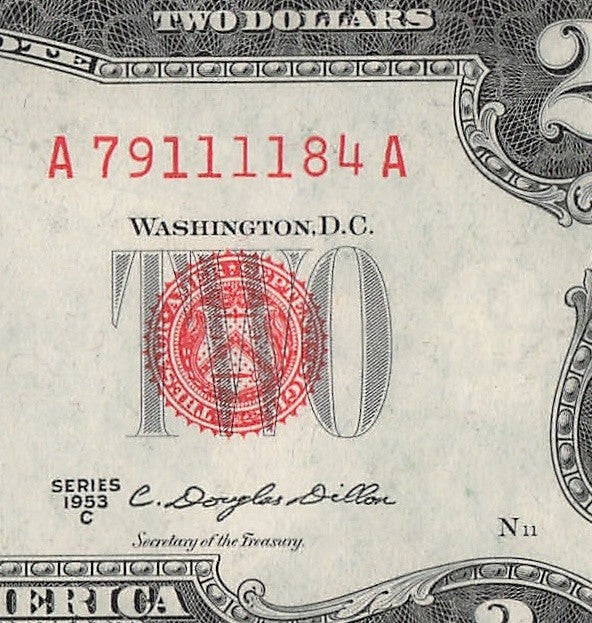 Four in a Row 1s Fancy Serial Number Two Dollar Red Seal 1953C $2 POS 3