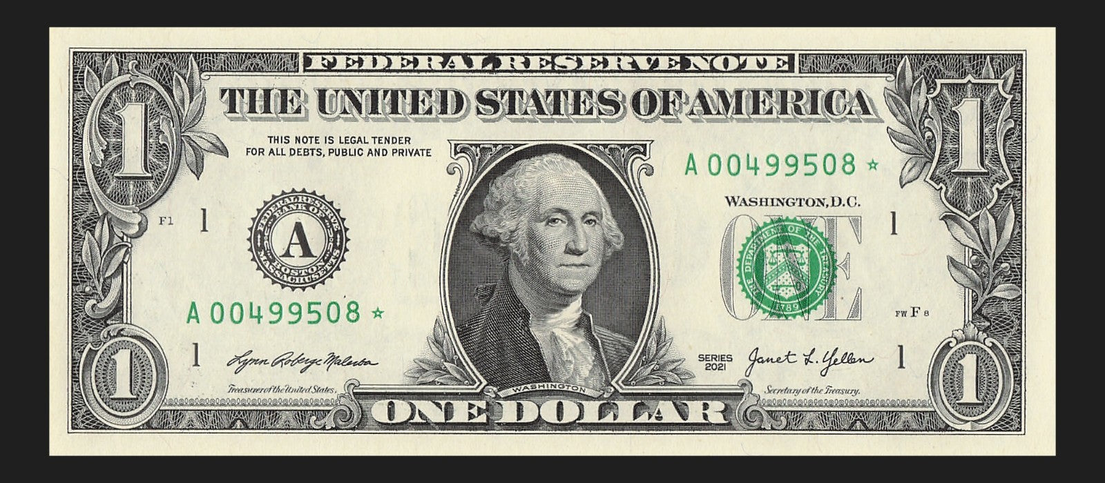 Star Note One Dollar Bill 2021 $1 A* Block Boston Run 1 640K Sheet UNC