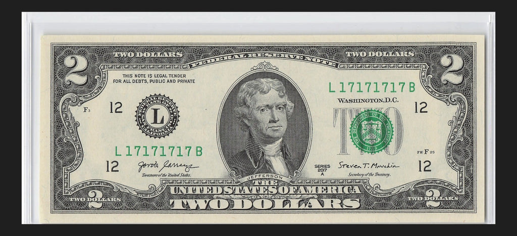 Super Repeater Two Dollar Bill Fancy Serial Number 2017A $2 Binary 1s 7s