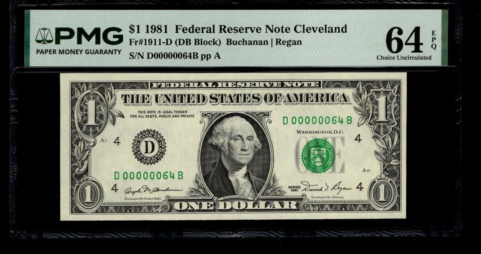 Low Serial Number 64 Fancy Serial Number One Dollar Bill PMG D00000064B