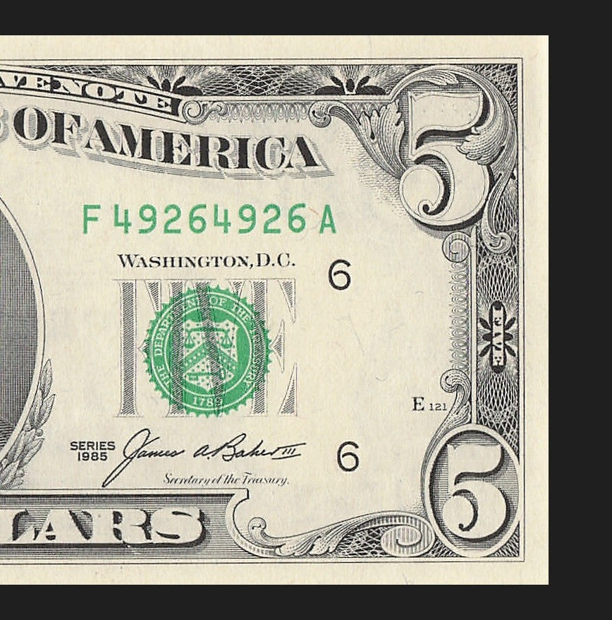 Repeater Fancy Serial Number Five Dollar Bill $5 1985 FA Block 4s 9s 2s 6s