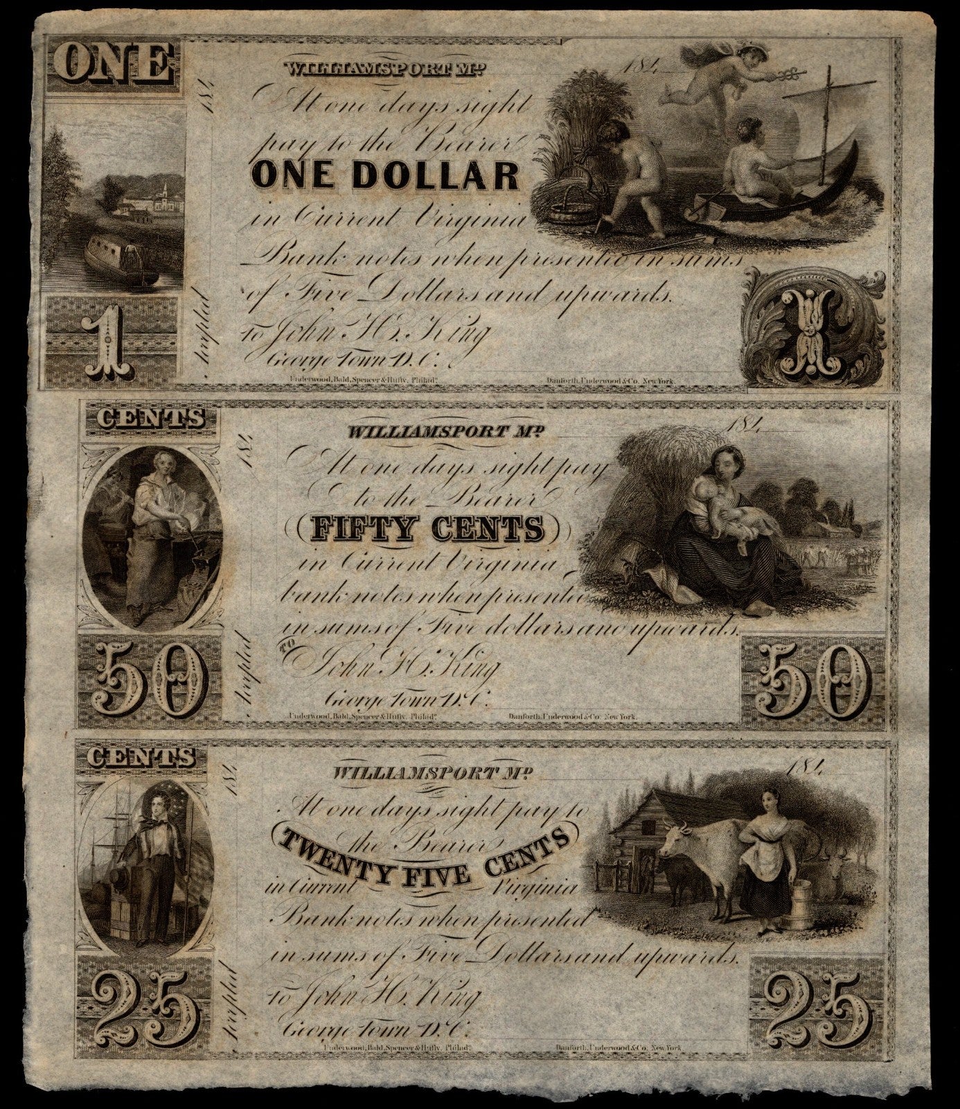 Williams Port Obsolete Maryland Uncut Sheet 1840s Era UNC 25 Cent 50 Cent $1