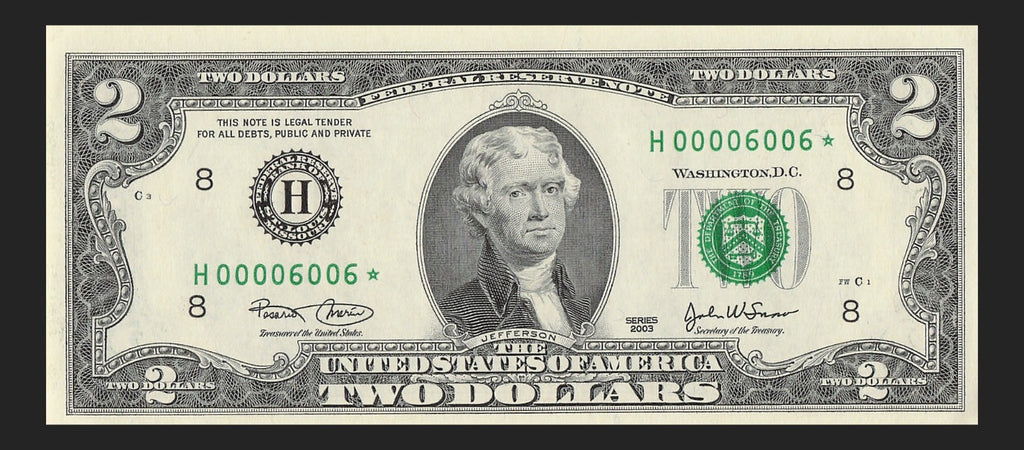 Binary Low Serial Number Star Note Two Dollar Bill H00006006* 6s 0s St Louis