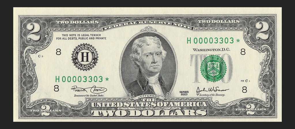 Binary Low Serial Number Star Note Two Dollar Bill H00003303* 3s 0s St Louis