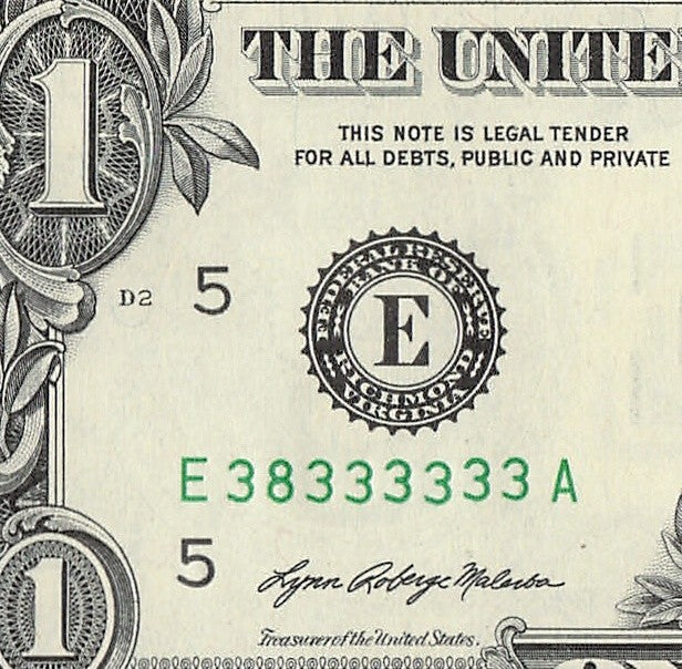Seven of a Kind 3s One Dollar Bill Fancy Serial Number 2021 $1 EA Block