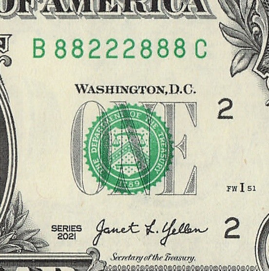Binary Fancy Serial Number One Dollar Bill 2021 $1 BC Block 2s 8s