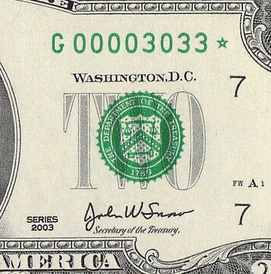 Binary Low Serial Number Star Note Two Dollar Bill G00003033* 3s 0s Chicago