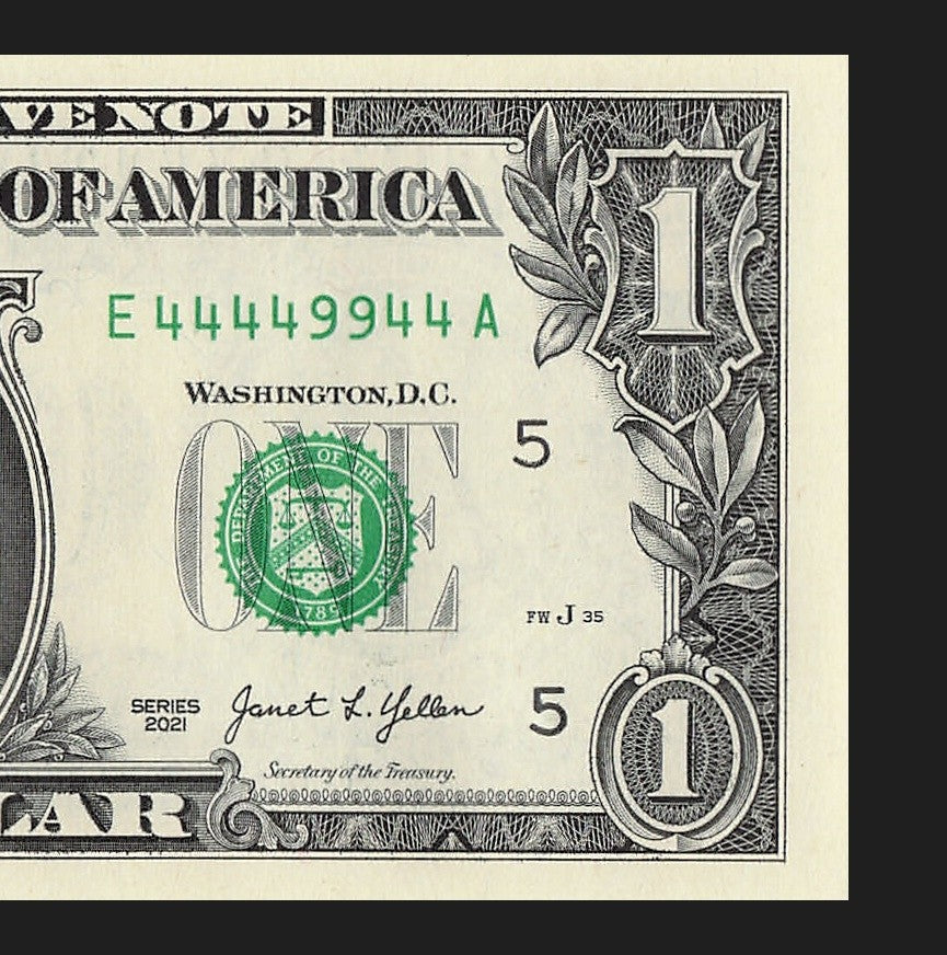 Binary Fancy Serial Number One Dollar Bill 2021 $1 Six of a Kind 4s 9s
