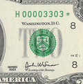 Binary Low Serial Number Star Note Two Dollar Bill H00003303* 3s 0s St Louis