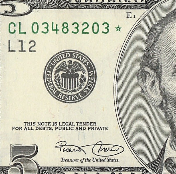 Star Note Five Dollar Bill 2001 $5 CL* San Francisco Run 2 UNC 1.92 Million