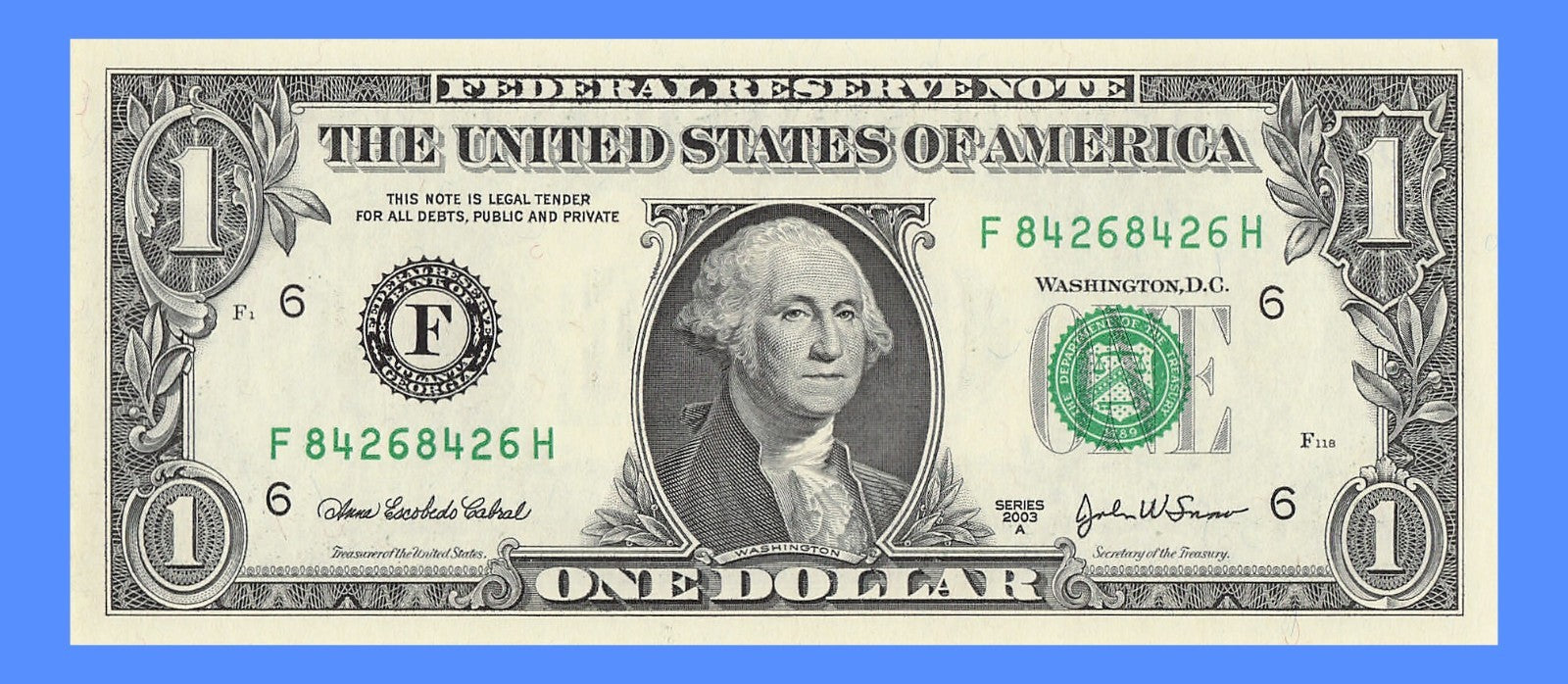 Repeater Fancy Serial Number One Dollar Bill 2s 4s 6s 8s 2003A FH Block