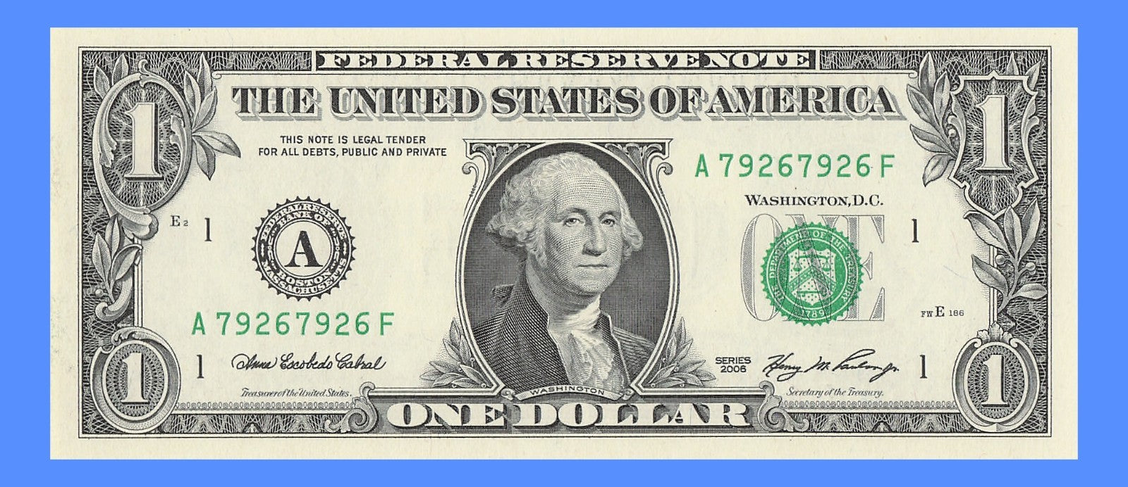 Repeater Fancy Serial Number One Dollar Bill 2s 7s 6s 9s 2006 AF Block