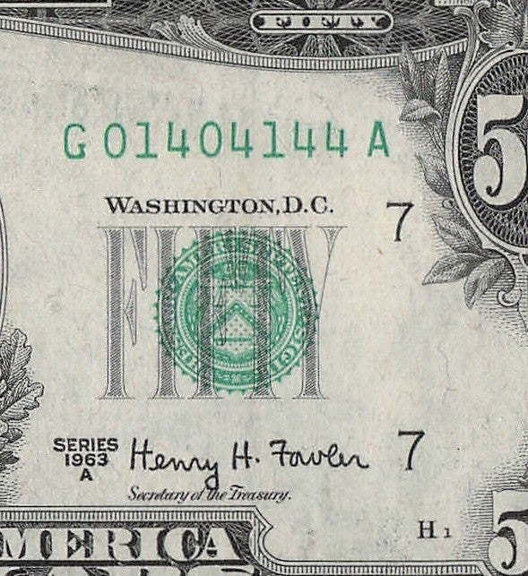 Trinary Fancy Serial Number Fifty Dollar Federal Reserve Note 0s 1s 4s 1963A
