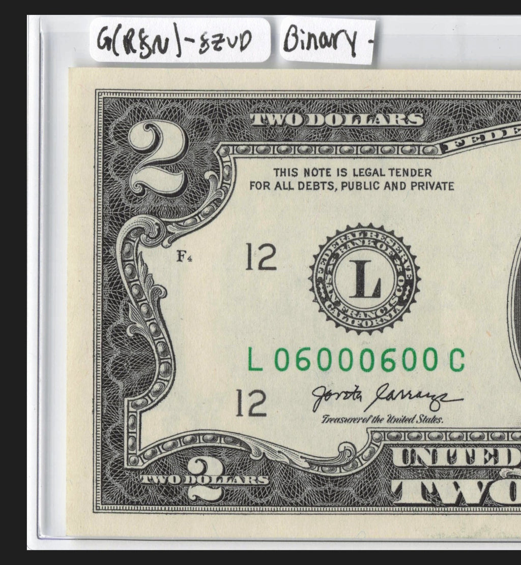 $2 Flipper Binary Repeater Fancy Serial Number Two Dollar Bill 0s 6s