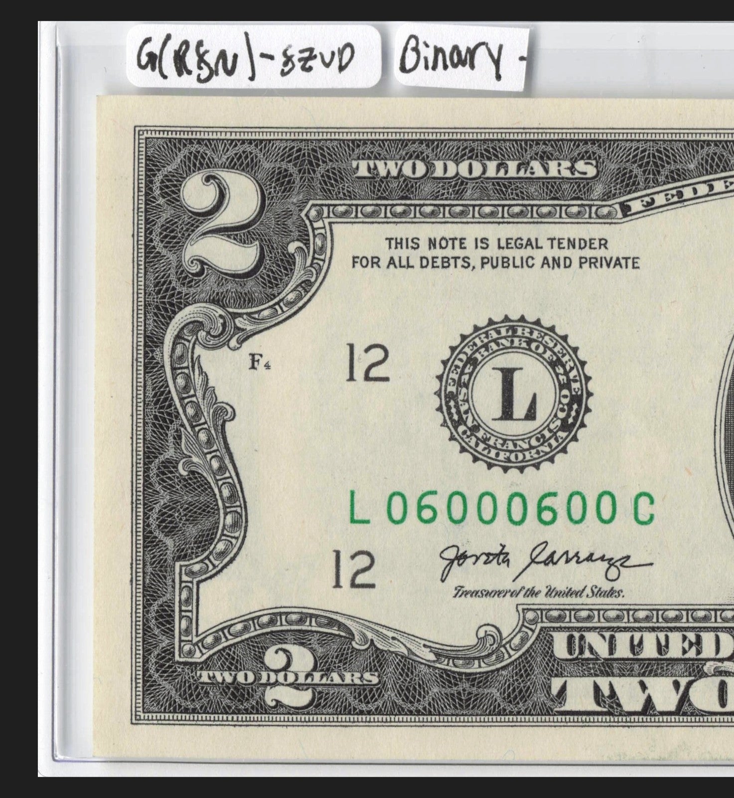 $2 Flipper Binary Repeater Fancy Serial Number Two Dollar Bill 0s 6s