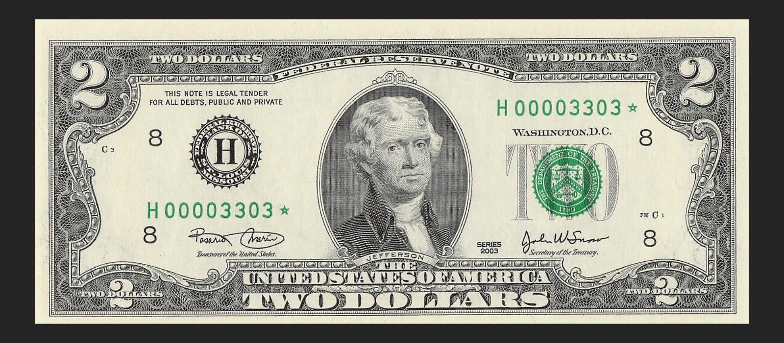 Binary Low Serial Number Star Note Two Dollar Bill H00003303* 3s 0s St Louis