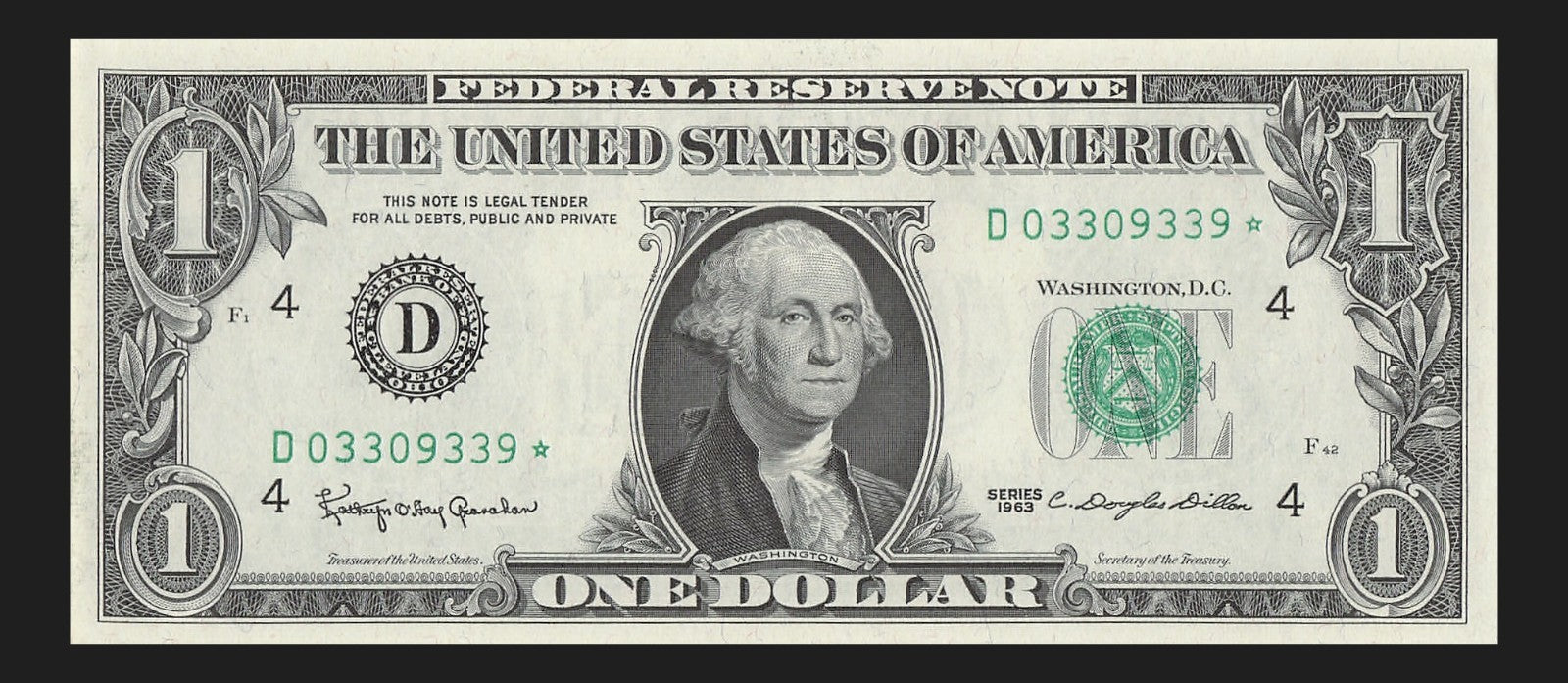 Star Note One Dollar Bill 1963 $1 D* Block Cleveland Run 1 Low Serial Trinary