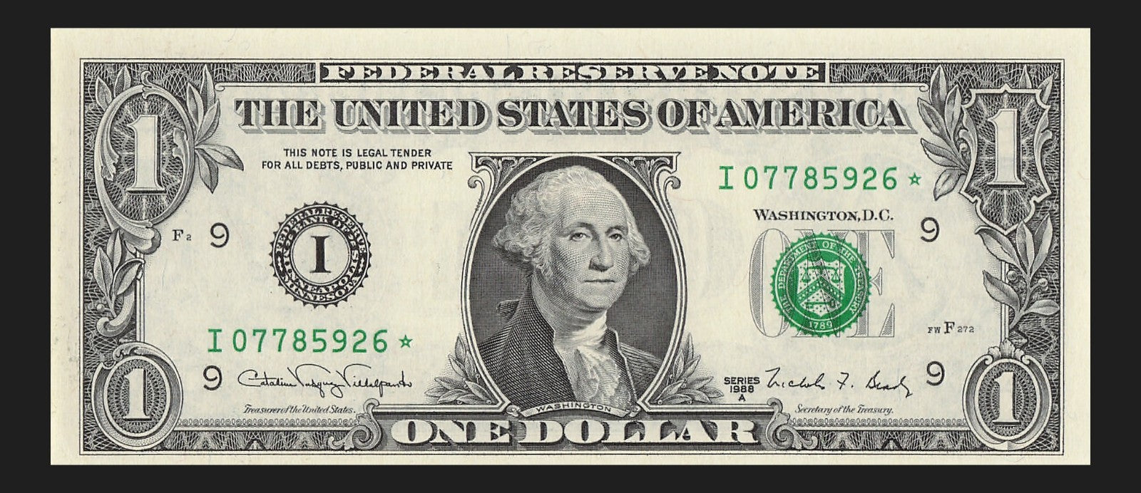 Star Note One Dollar Bill 1988A $1 I* Block Minneapolis Run 3 640K Sheet