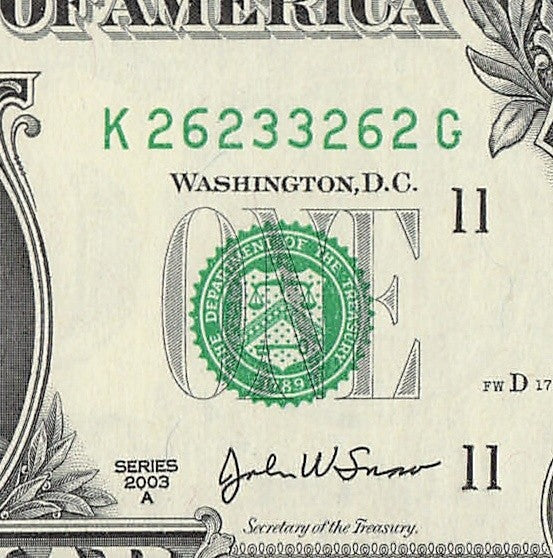 Radar Fancy Serial Number One Dollar Bill 3s 2s 6s 2003A KG Block