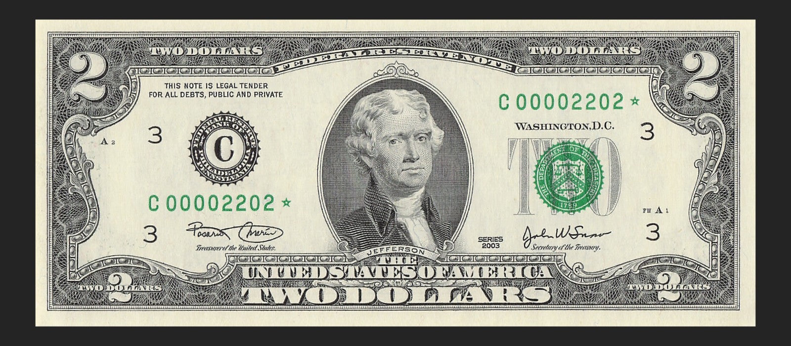 Binary Low Serial Number Star Note Two Dollar Bill C00002202* 2s 0s Philadelphia