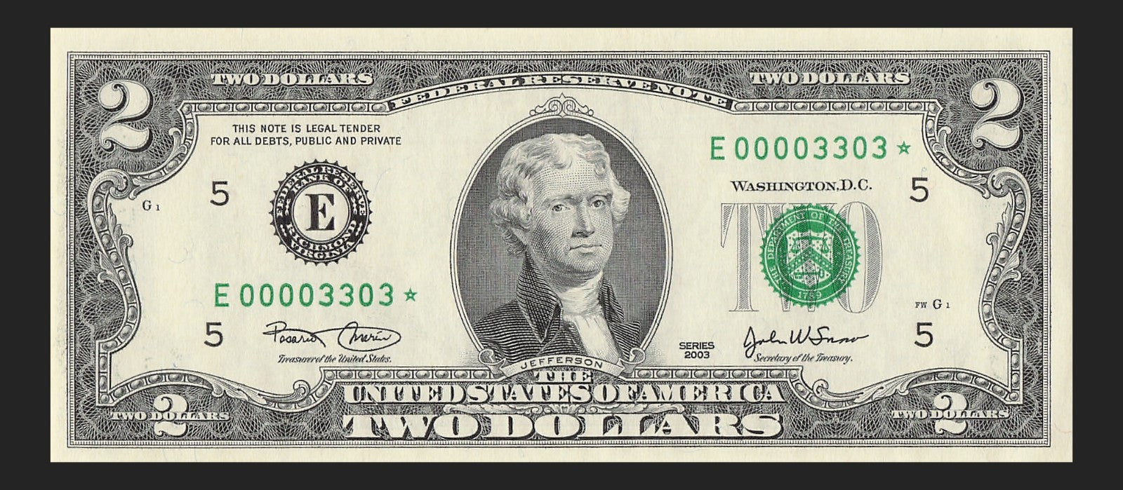 Binary Low Serial Number Star Note Two Dollar Bill E00003303* 3s 0s Richmond