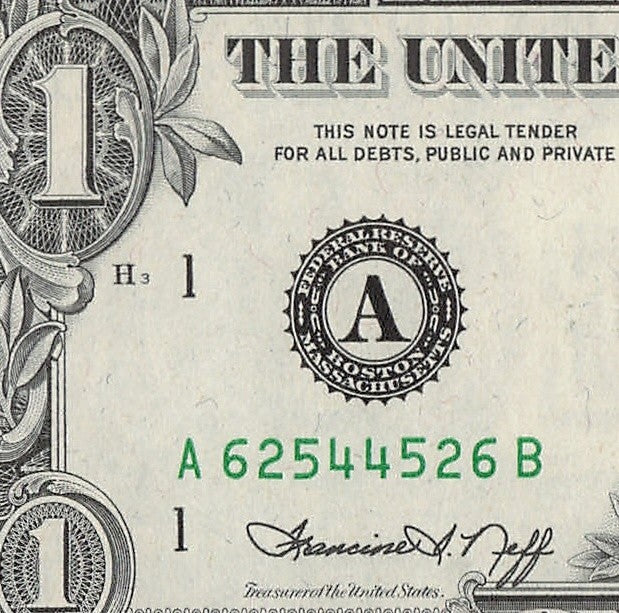 Radar Fancy Serial Number One Dollar Bill 1974 Boston 2s 4s 5s 6s AB