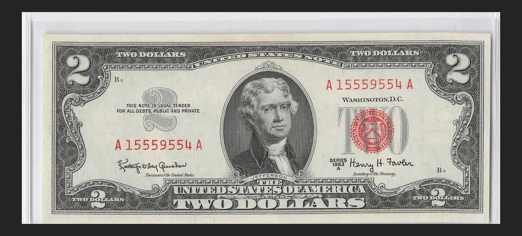 Five of a Kind 5s Fancy Serial Number Two Dollar Red Seal $2 1963A