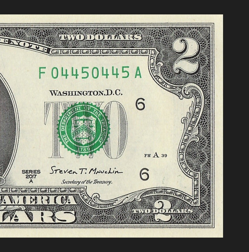 Repeater Two Dollar Bill Fancy Serial Number 2017A $2 Trinary 0s 4s 5s