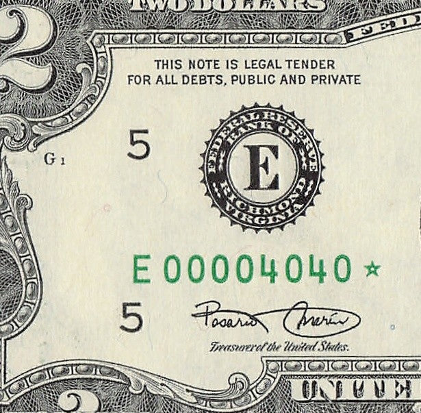 Binary Low Serial Number Star Note Two Dollar Bill E00004040* 4s 0s Richmond