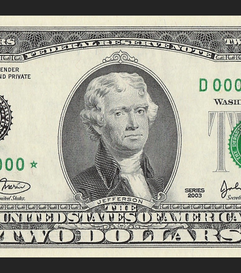 Binary Low Serial Number Star Note Two Dollar Bill D00003000* 3s 0s Cleveland