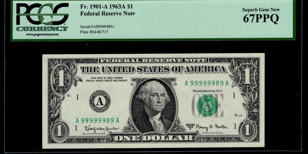 High Serial Number One Dollar Bill Boston 1963A A99999989A Seven of a kind 9s