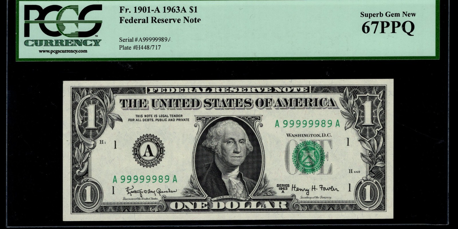 High Serial Number One Dollar Bill Boston 1963A A99999989A Seven of a kind 9s