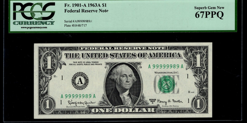 High Serial Number One Dollar Bill Boston 1963A A99999989A Seven of a kind 9s