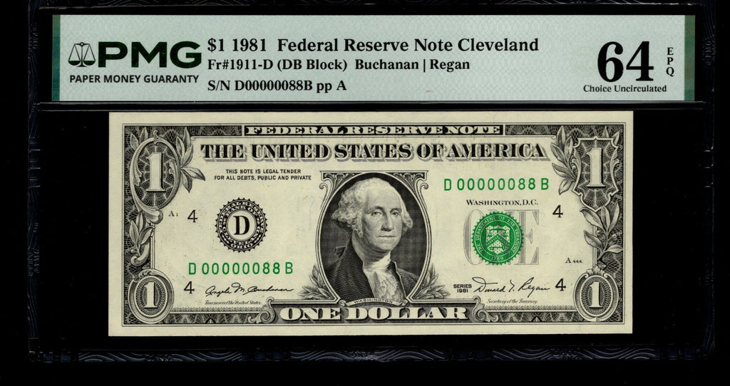 Low Serial Number 88 Fancy Serial Number One Dollar Bill PMG D00000088B