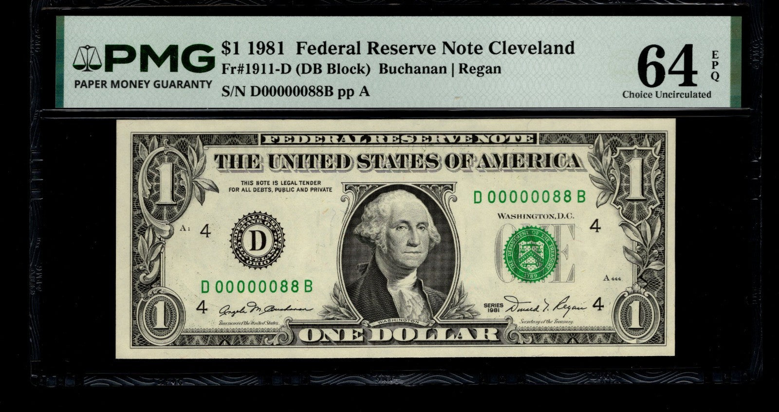 Low Serial Number 88 Fancy Serial Number One Dollar Bill PMG D00000088B
