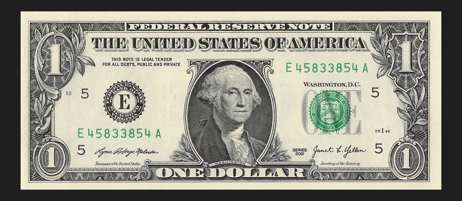 Radar Fancy Serial Number One Dollar Bill 2021 $1 EA Palindrome 3s 4s 5s 8s