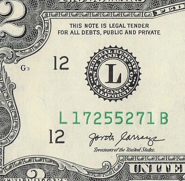 Radar Two Dollar Bill Fancy Serial Number 2017A $2 Palindrome 1s 7s 2s 5s