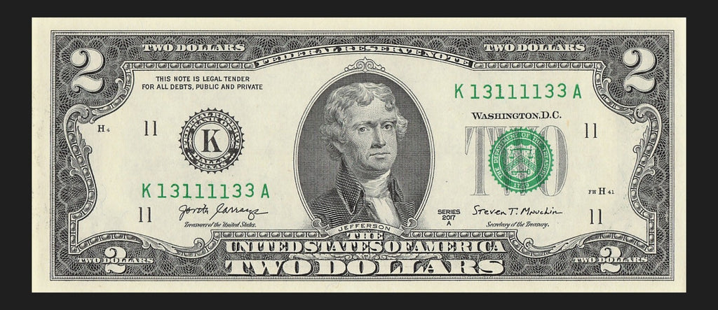Binary Two Dollar Bill Fancy Serial Number 2017A $2 Dallas Binary 3s 1s
