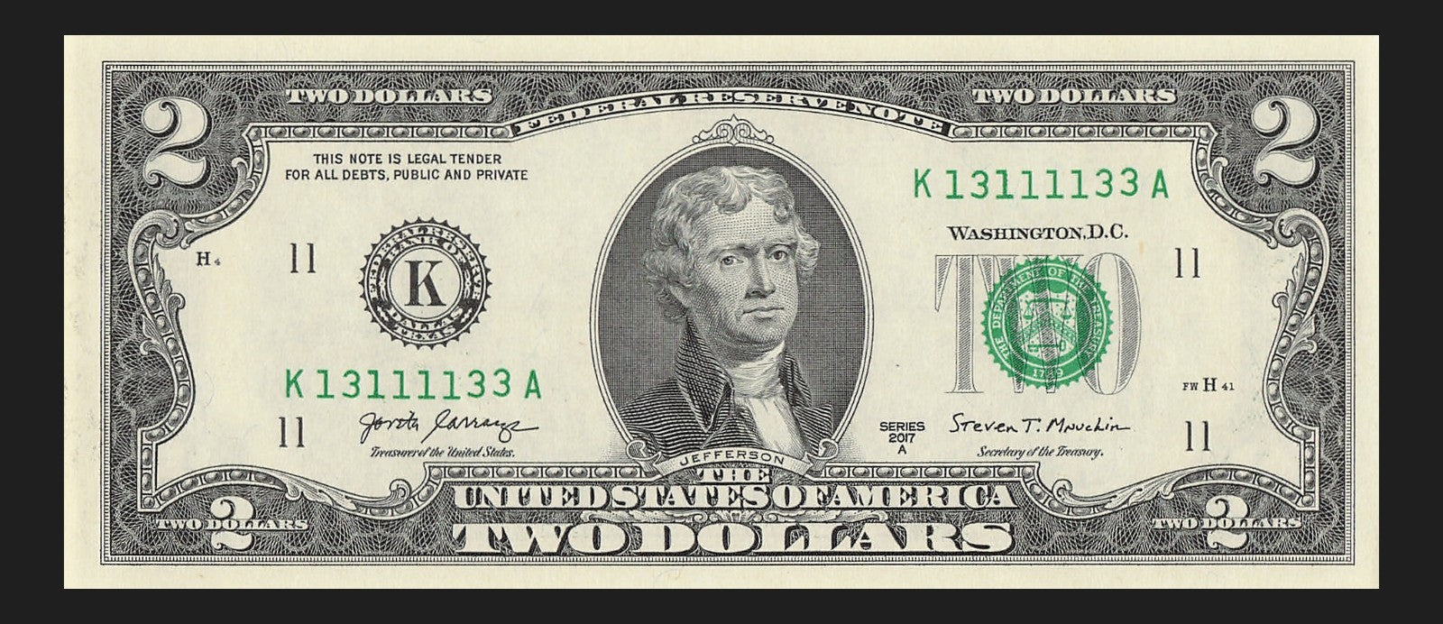 Binary Two Dollar Bill Fancy Serial Number 2017A $2 Dallas Binary 3s 1s