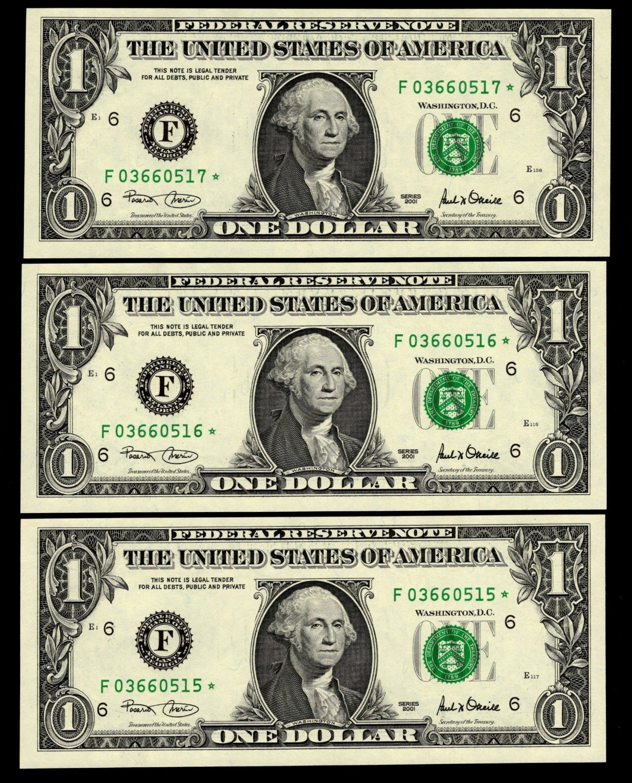 Star Note LOT One Dollar Bills 2001 F* Block Atlanta $1 Run 1 SEQ RUN of 3